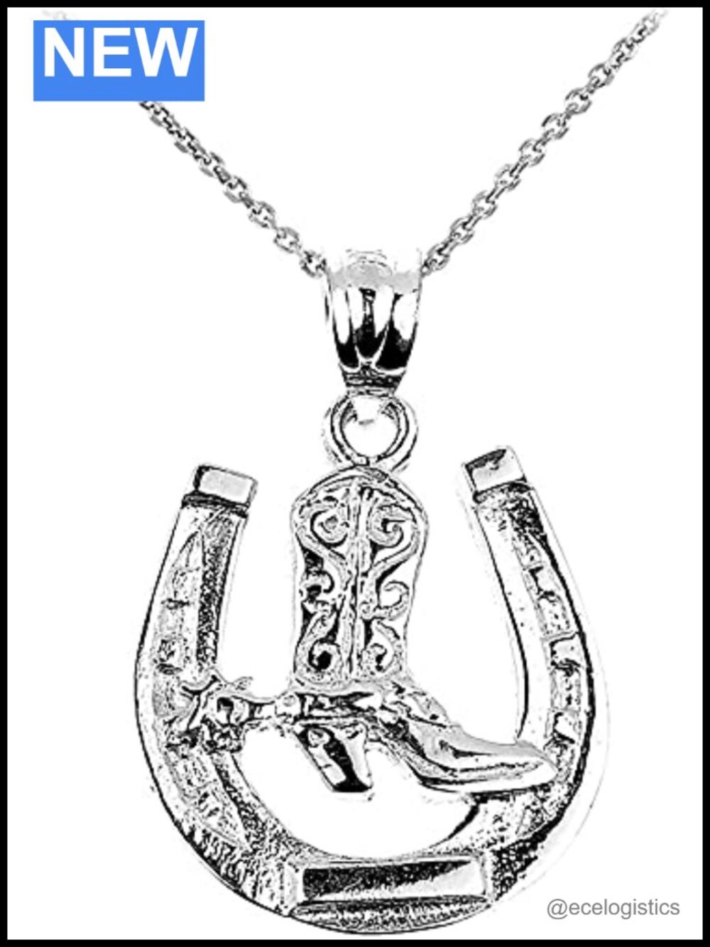 Sterling Silver Horseshoe Cowboy Boot Charm Pendant Necklace